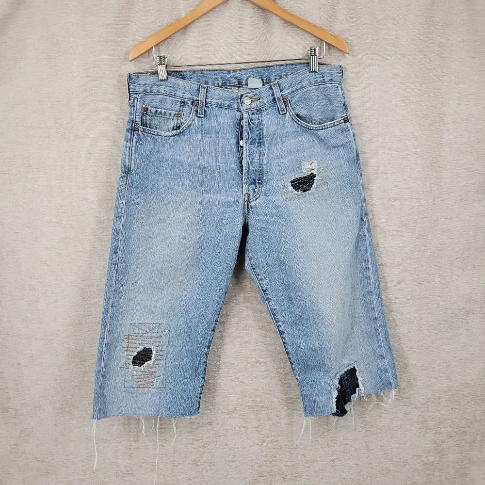 Levi's 501 Vintage Distressed Blue Denim Cutoff Shorts Bremuda Jorts Patchwork